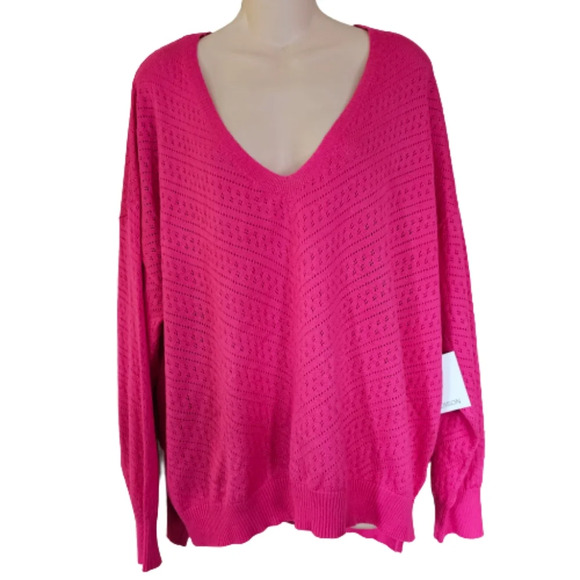 89th + Madison Fushia Pink Drop Shoulder V-Neck Knit Sweater Size Women's 2X NEW - Picture 1 of 11